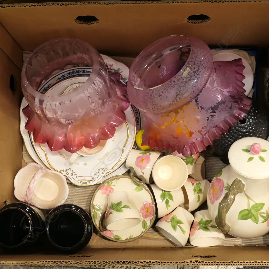 BOX ASST GLASS & CHINA INCL. CRANBERRY VICTORIAN SHADES Image 1++