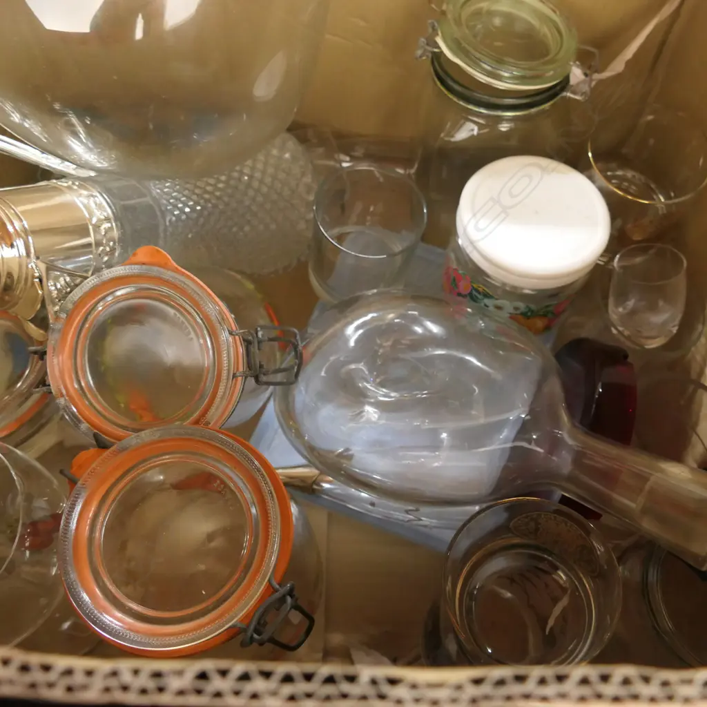 BOX LOT ASST GLASSWARE INCL DECANTER, HUGE WINE GLASS ETC Image 1++