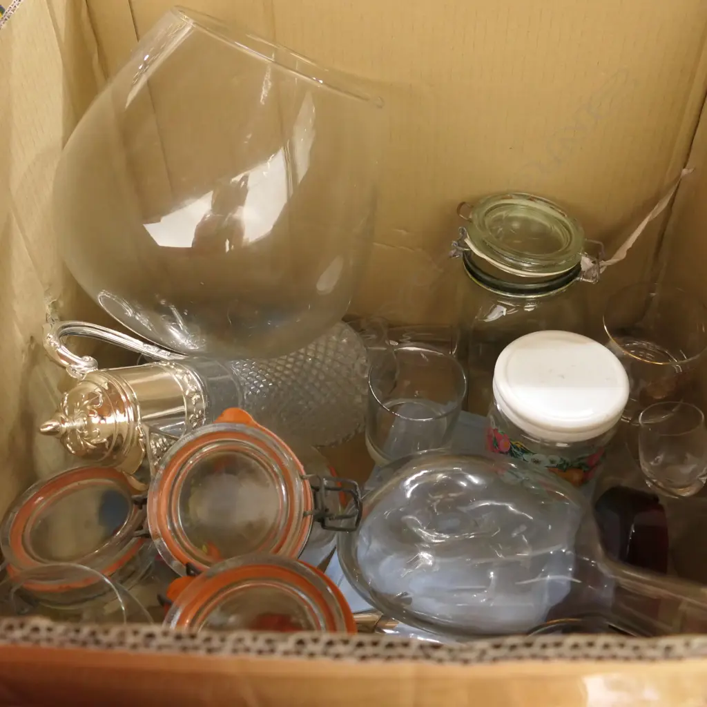BOX LOT ASST GLASSWARE INCL DECANTER, HUGE WINE GLASS ETC Image 1++