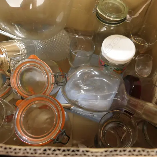 BOX LOT ASST GLASSWARE INCL DECANTER, HUGE WINE GLASS ETC