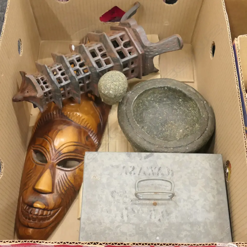 LOT ASSTD INLC CAST IRON GARDEN ORNAMENT, MORTAR & PESTLE, WOODEN MASK ETC Image 1++