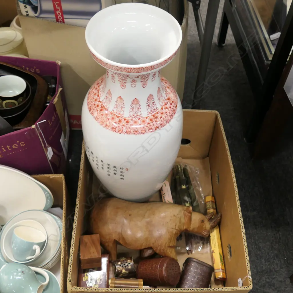 BOX LOT LARGE ASIAN VASE, RHINO, BOXES ETC Image 1++