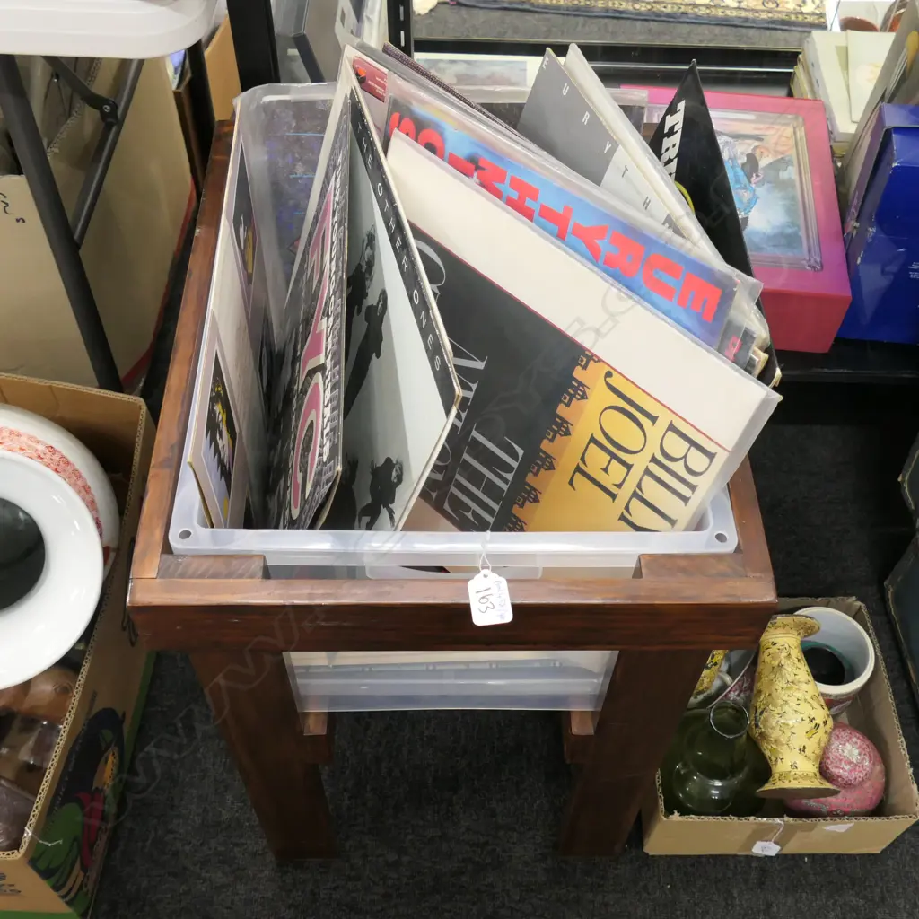 BOX LOT RECORDS ON STAND INCL; ELO, B52S DIRE STRAIGHTS ETC  Image 1++