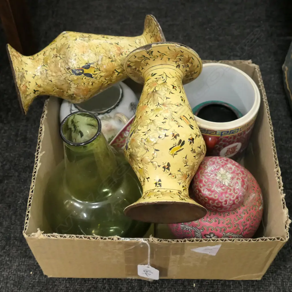 COLLECTION OF CHINESE PORCELAIN, PERSIAN LACQUER VASES & GLASS VASE Image 1++