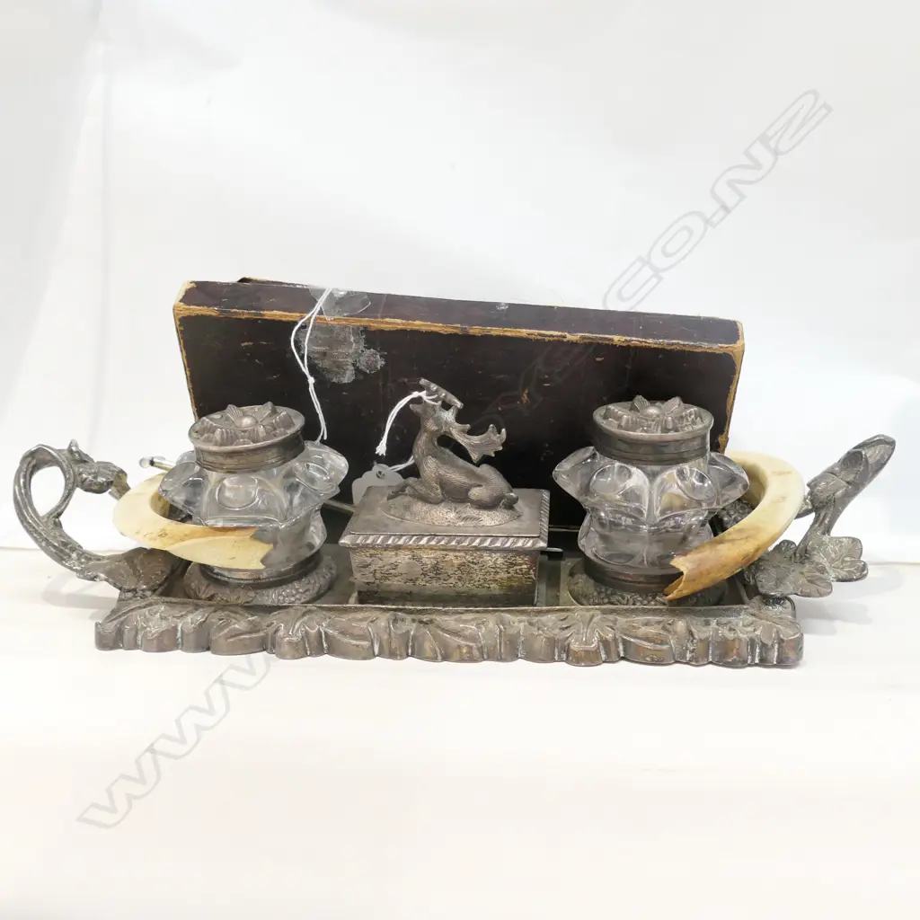 SILVER PLATED INKSTAND, 2 BOAR'S TUSKS & BOXED PR UNUSUAL SILVER PLATED CHEESE SPADES Image 1++