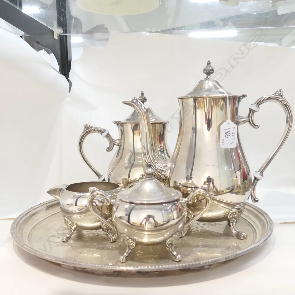 SILVER PLATED 4 PIECE TEA SET ON CIRCULAR TRAY Image 1++