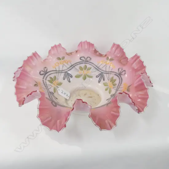 VICTORIAN GLASS PINK FRILLED EDGE BOWL H/PAINTED 