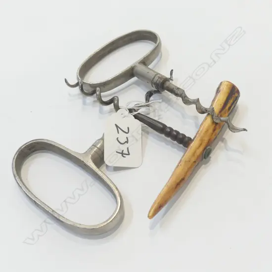 3 VINTAGE CORK SCREWS 1 ANTLER HANDLE...