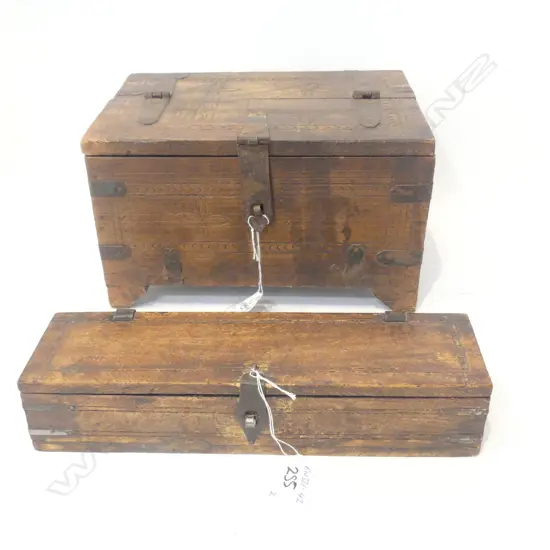 2 SMALL HARDWOOD TRIBAL BOXES HINGED LIDS