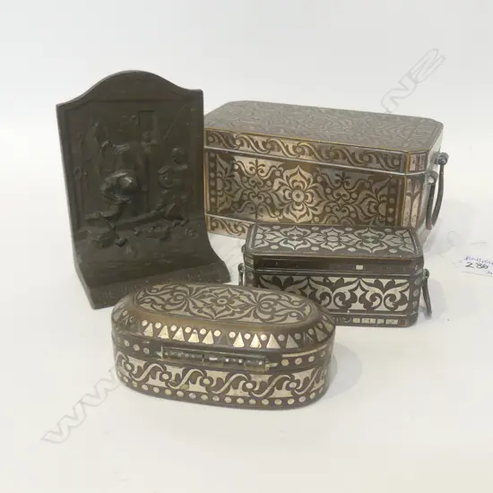 THREE ORIENTAL METAL BOXES AND 'BLACKSMITH' BOOKEND