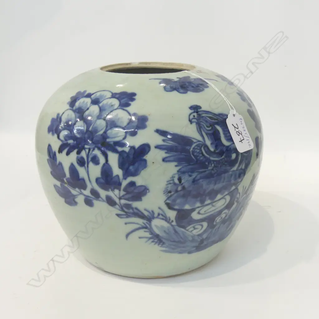 OLD CHINESE GINGER JAR PAINTED IN BLUE WITH PHOENIX, BAT & FLOWERS. H.200mm Image 1++