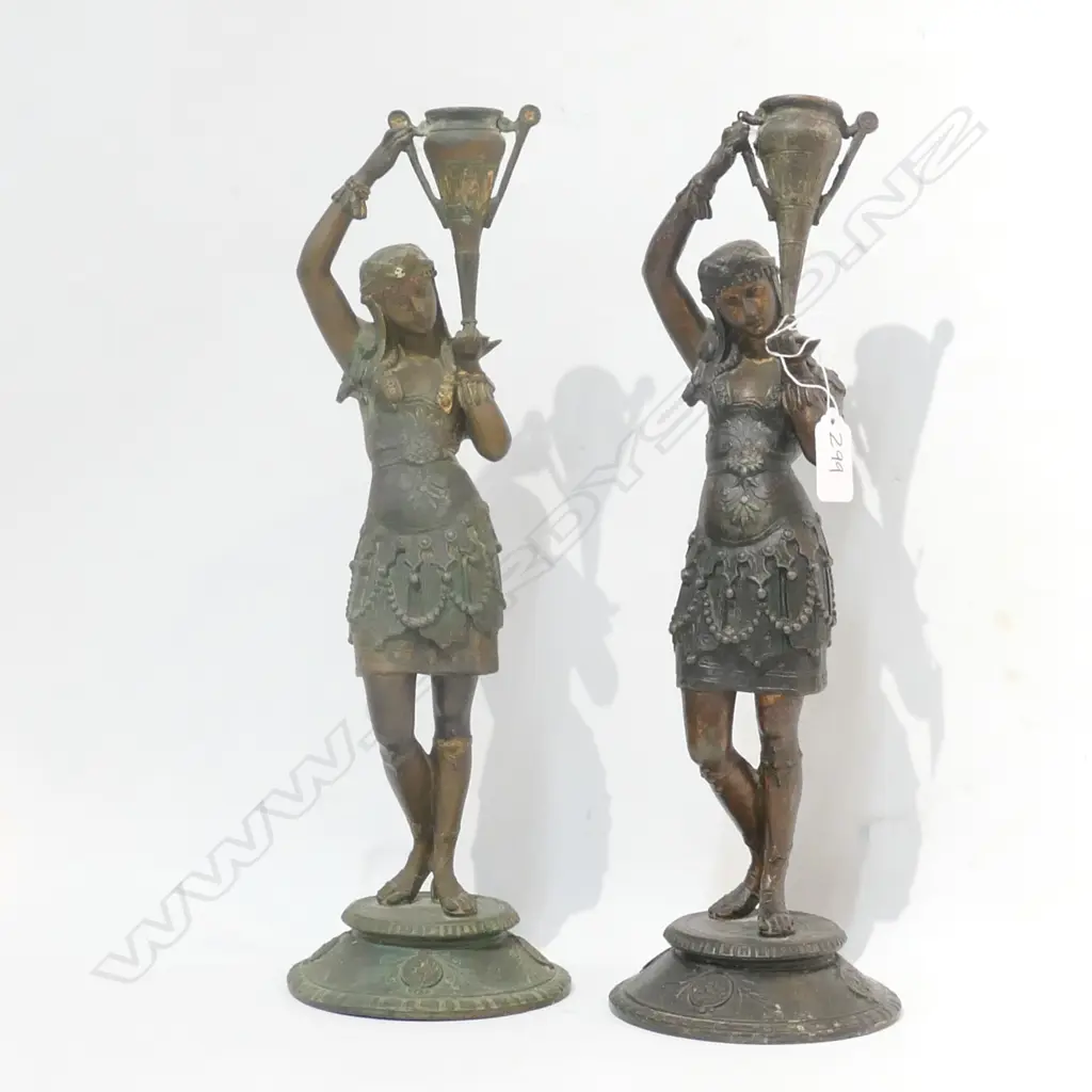 PR EGYPTIAN REVIVAL ANTIQUE SPELTER CANDLESTICKS H. 370MM Image 1++