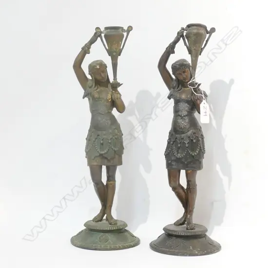 PR EGYPTIAN REVIVAL ANTIQUE SPELTER CANDLESTICKS H. 370MM