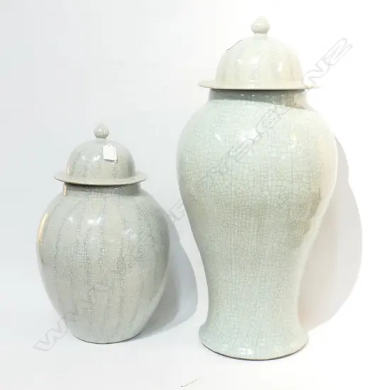2 CHINESE CRACKLE GLAZE BALUSTER LIDDED VASES