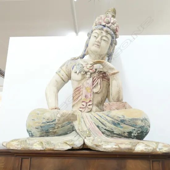 SEATED CARVED WOODEN BUDDHA 800MM H