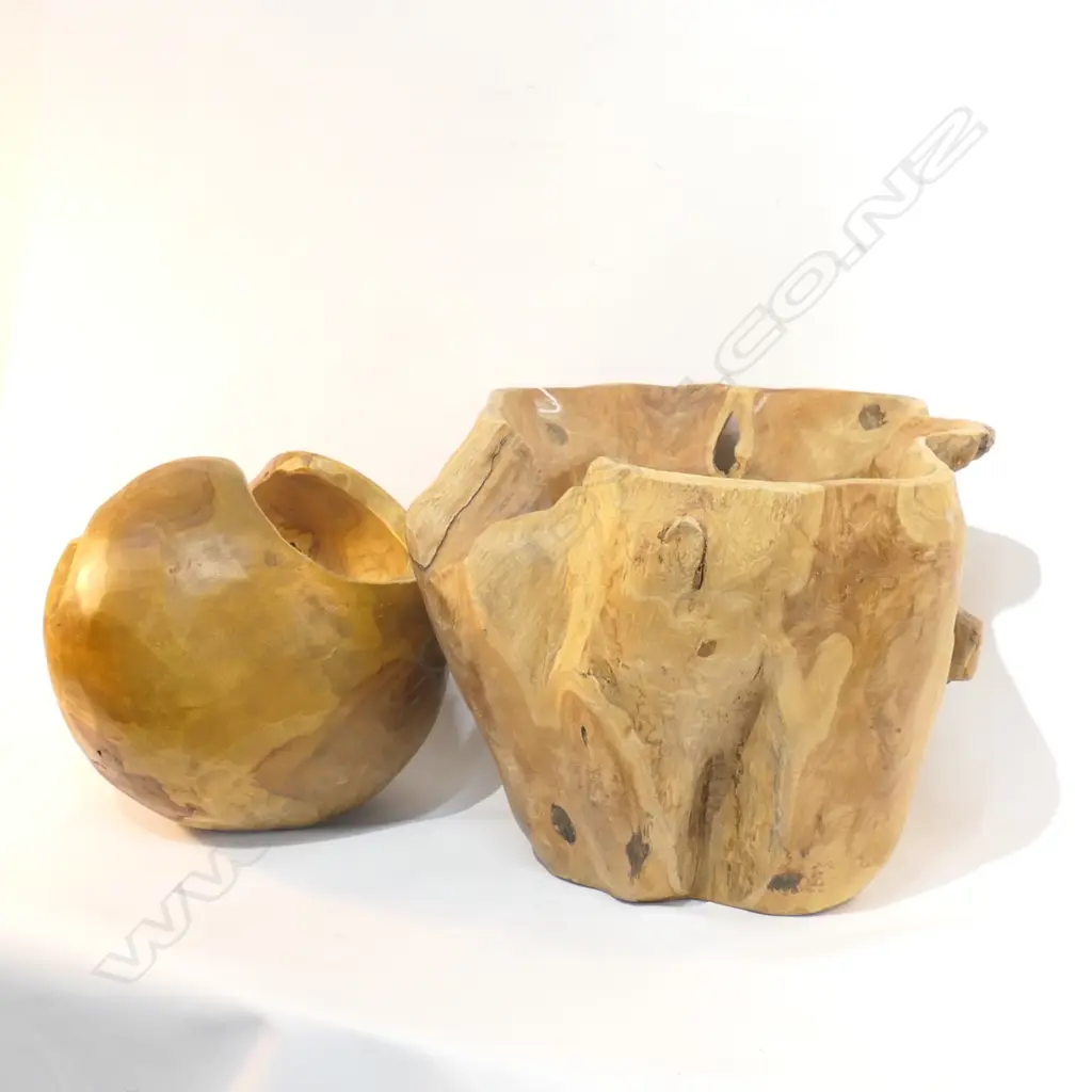 TWO CARVED NATURALISTIC WOODEN BOWLS - LARGEST W. 380MM Image 1++