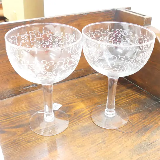 PAIR OF LARGE ETCHED GLASS GOBLETS