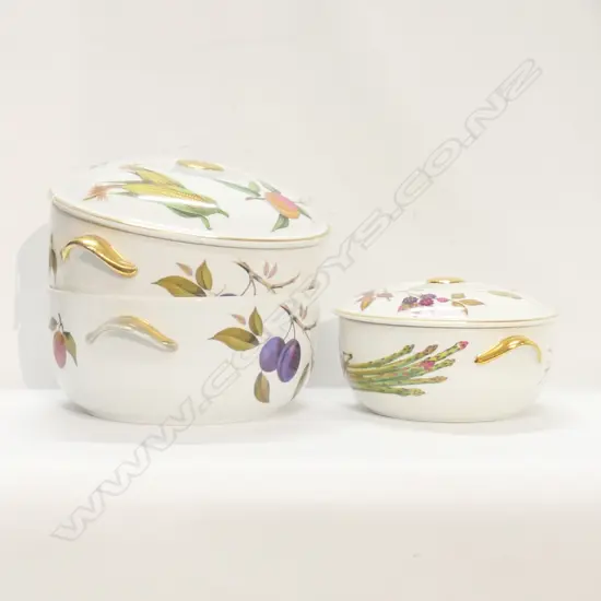 2 LIDDED R/WORCESTER EVESHAM TUREENS + 1 UNLIDDED