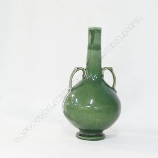 CHINESE PORCELAIN TWO HANDLED BOTTLE VASE WITH SPINACH GREEN GLAZE