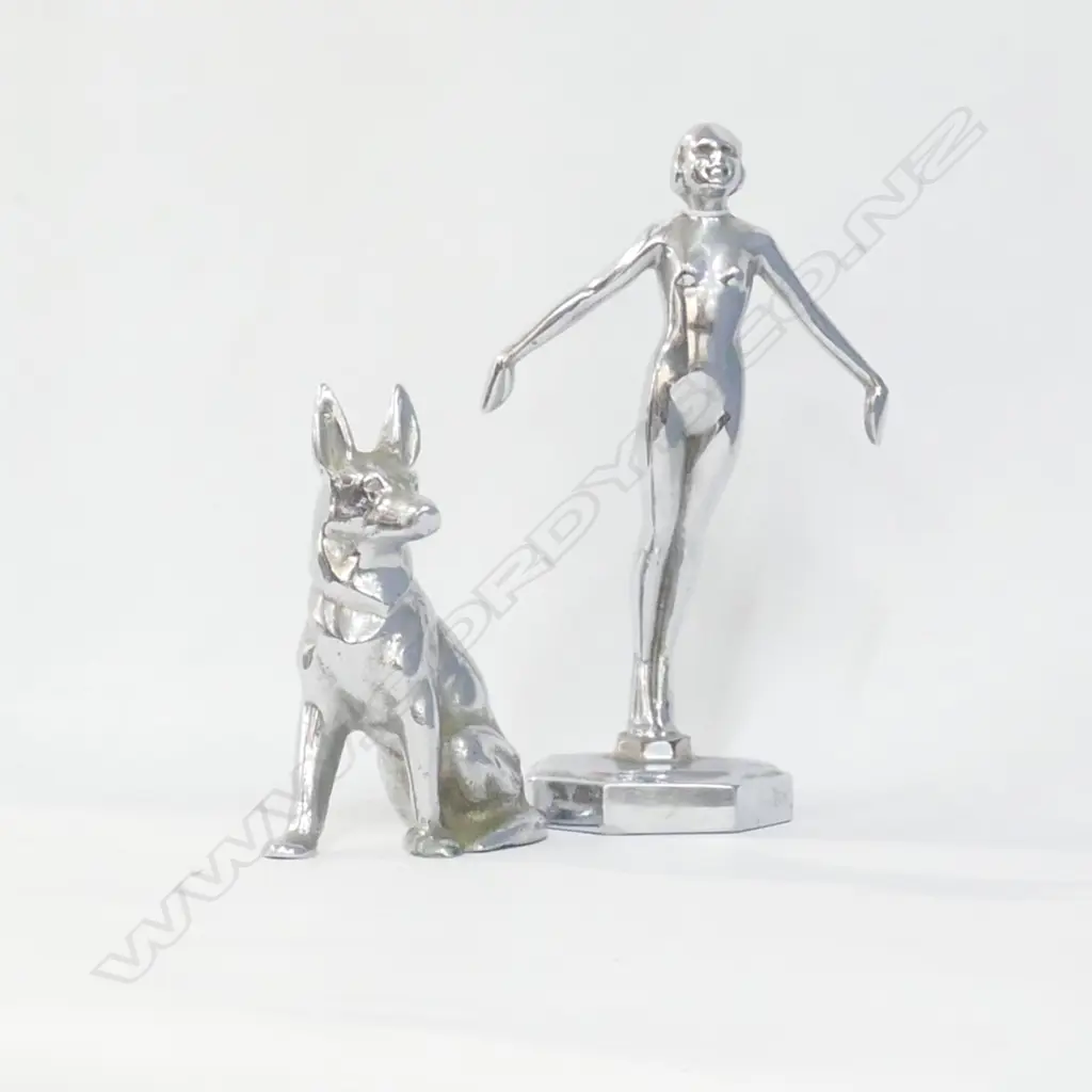 2 METAL FIGURINES; WOMAN AND DOG TALLEST 220MM H Image 1++