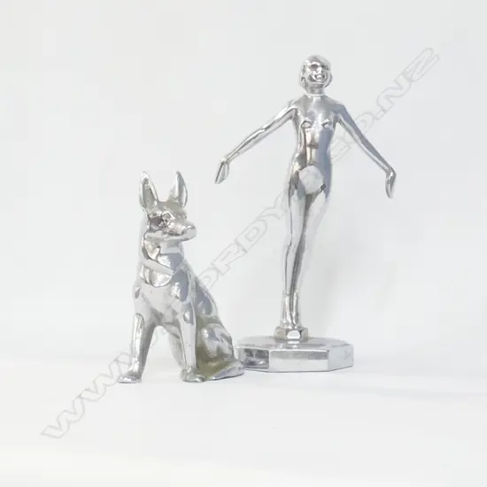 2 METAL FIGURINES; WOMAN AND DOG TALLEST 220MM H