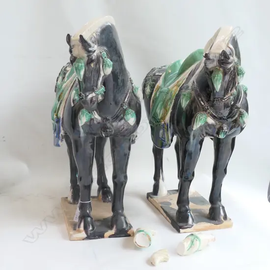 PAIR OF CERAMIC HORSES BOTH WITH TAIL AF AND ONE MISSING EAR 430MM H 430MM L