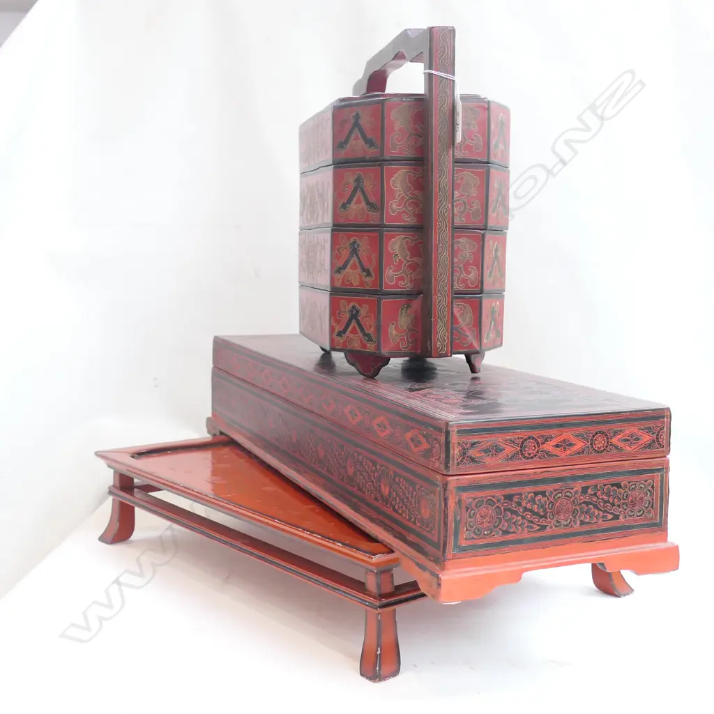 3 ORIENTAL LACQUER ITEMS; STACKING BOXES, TRAY, RECTANGULAR BOX 630MM L 190MM D Image 1++