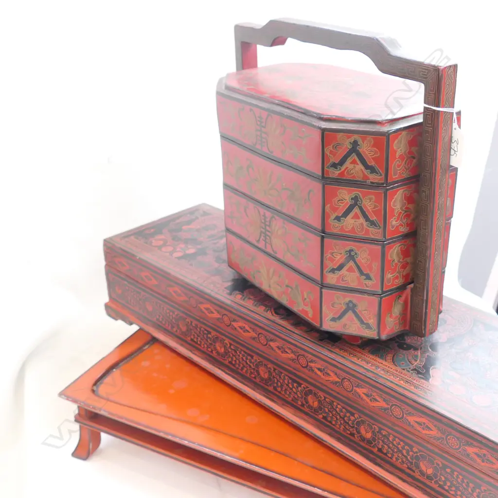 3 ORIENTAL LACQUER ITEMS; STACKING BOXES, TRAY, RECTANGULAR BOX 630MM L 190MM D Image 1++