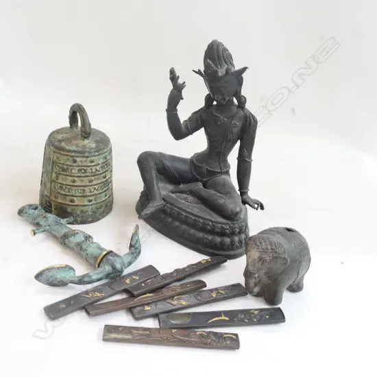 COLLECTION OF COPPER / BRASS ITEMS; FIGURE, ELEPHANT, ANCHOR, BELL ETC
