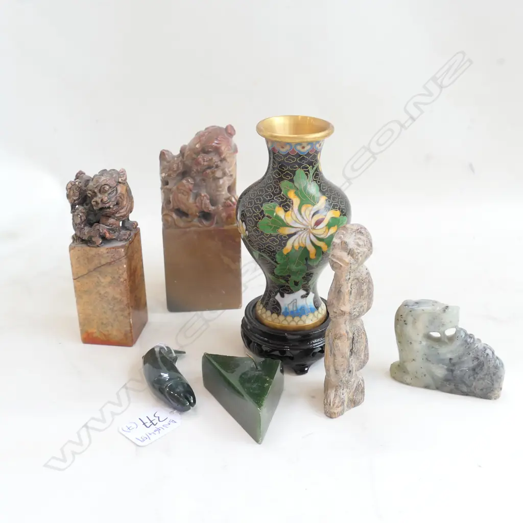 COLLECTION OF SOAPSTONE, JADE, CLOISONNE VASE ETC Image 1++