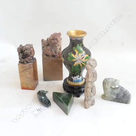 COLLECTION OF SOAPSTONE, JADE, CLOISONNE VASE ETC