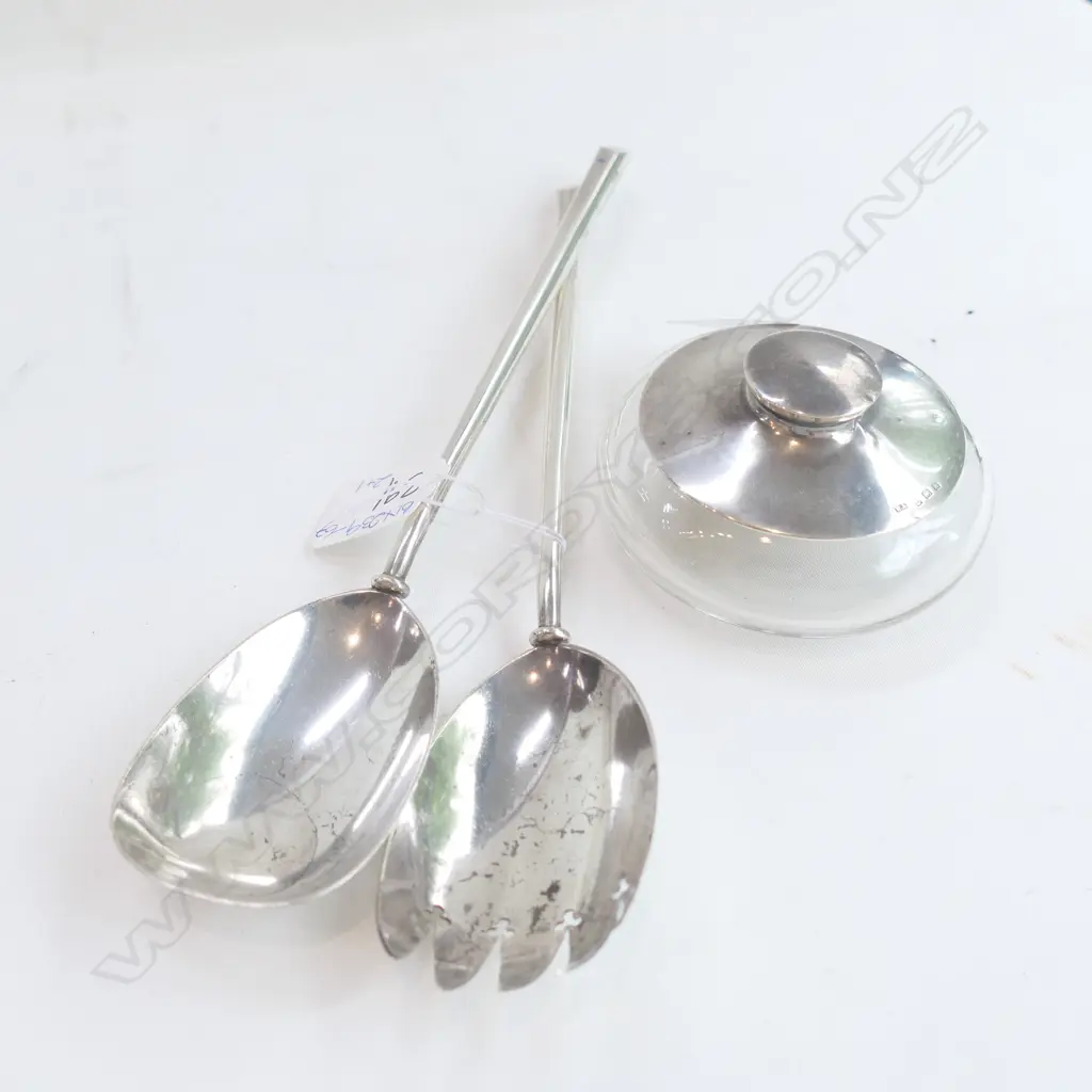 PR EDWARDIAN SILVER SALAD SERVERS + SILVER TOPPED BOWL Image 1++