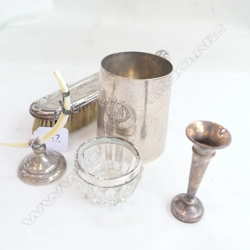 5 STG SILVER PCES, MUG, VASE, BRUSH ETC Image 1++