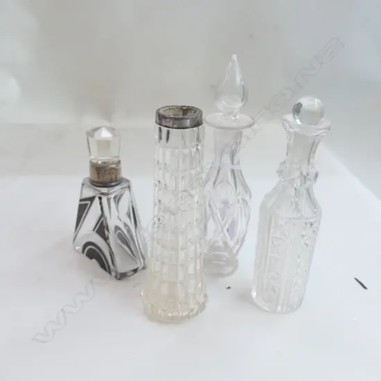 4 CUT CRYSTAL BOTTLES, 2 STG SILVER RIMMED