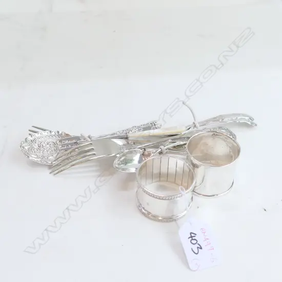 ASST STERLING CUTLERY + NAPKIN RINGS  + TWO UNMARKED FORKS