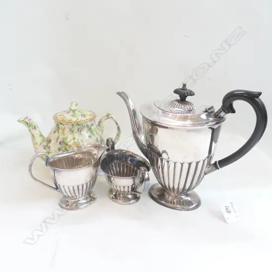 SILVER PLATE TEA SET AND AN A.O.F. TEAPOT