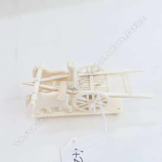 CARVED IVORY OX GROUP & CART + FIGURE ON STAND