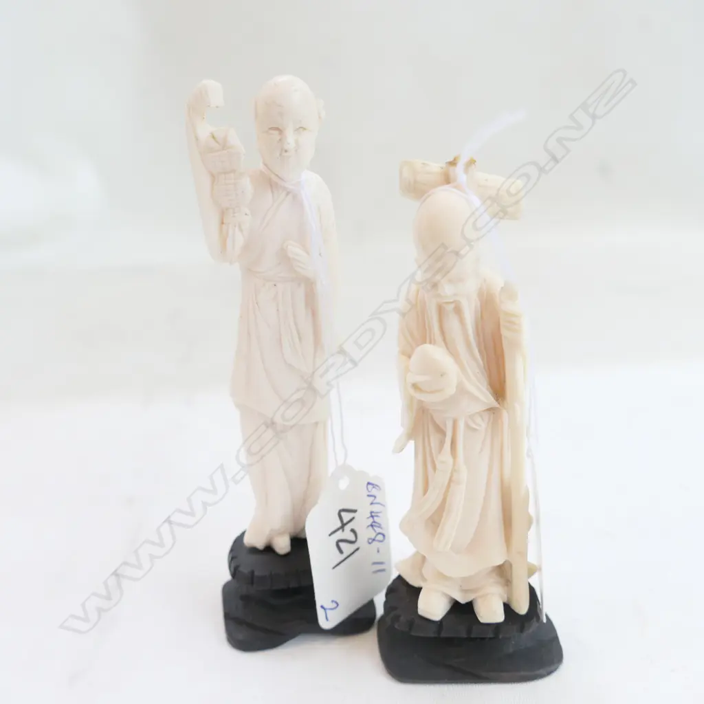 2 CARVED IVORY SAGE FIGURES ON WOOS STANDS Image 1++