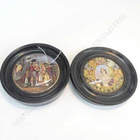 2 VICTORIAN POT LIDS FRAMED 'ENGLAND'S PRIDE' ETC