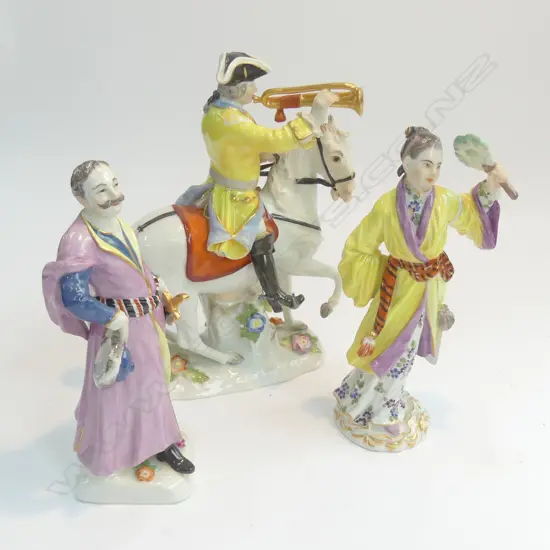 3 FINE PORCELAIN "MEISSEN" FIGURES, MAN ON HORSEBACK +PAIR IN ORIENTAL DRESS, TALLEST 175MM