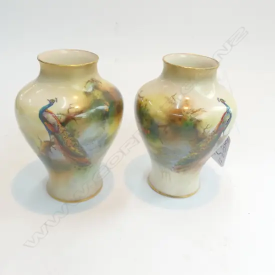 PR ROYAL WORCESTER VASES PEACOCKS A.F