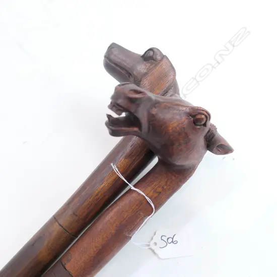 2 CARVED HARDWOOD WALKING STICKS DOG & HORSE