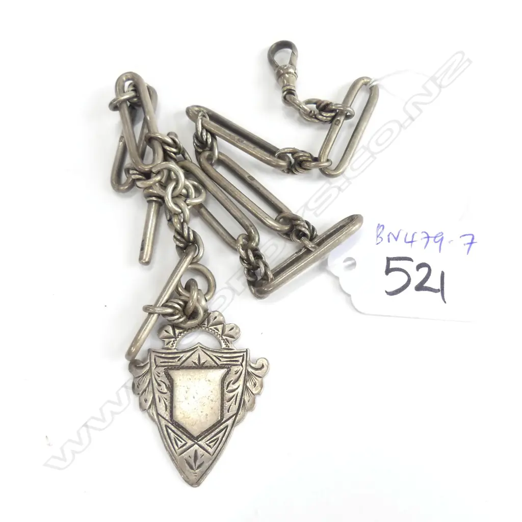 SILVER FOB WATCH CHAIN WITH SHIELD FOB Image 1++
