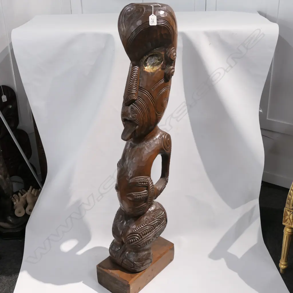 TALL MAORI CARVED FIGURE STYLISED. PAUA EYES Image 1++