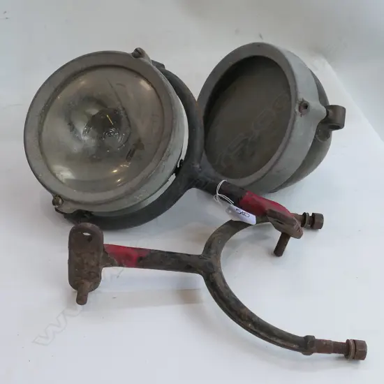 PAIR OF VINTAGE AUTOMOBILE HEAD LIGHTS ON MOUNTS 'LUCAS - KING OF THE ROAD'
