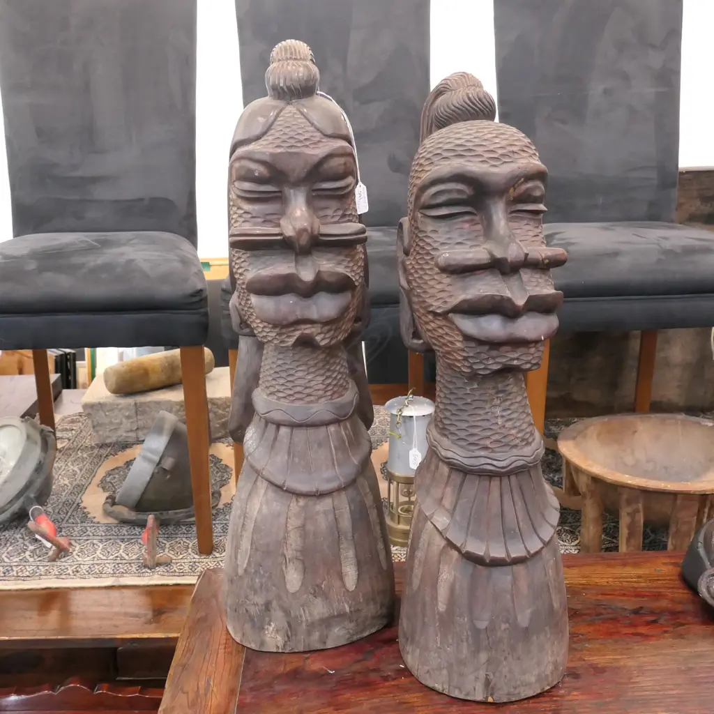 PAIR OF CARVED WOODEN TRIBAL FACES MALE AND FEMALE 700MM H Image 1++