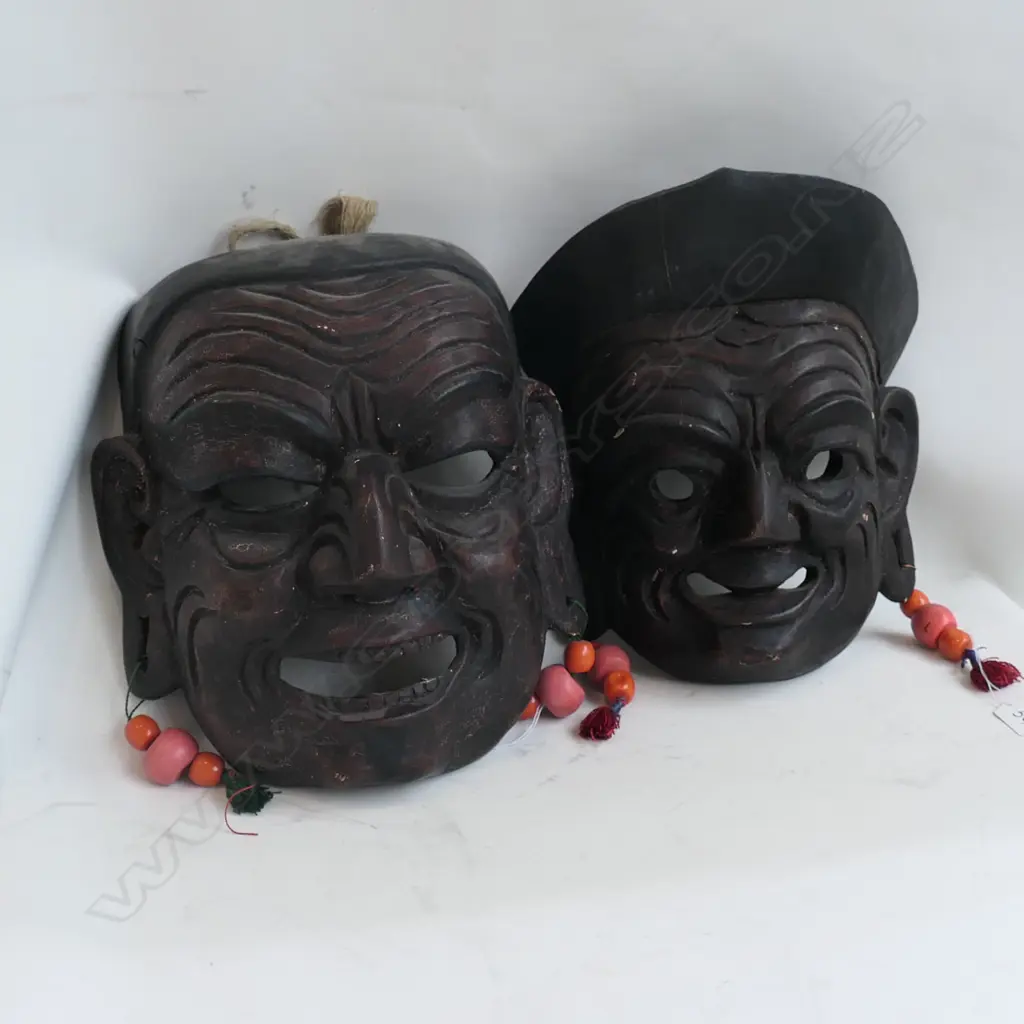 2 BHUTANESE "GOOD LUCK" MASKS. H.280mm ea. BEAD EARRINGS Image 1++