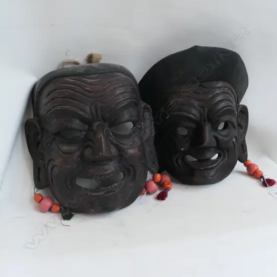 2 BHUTANESE "GOOD LUCK" MASKS. H.280mm ea. BEAD EARRINGS