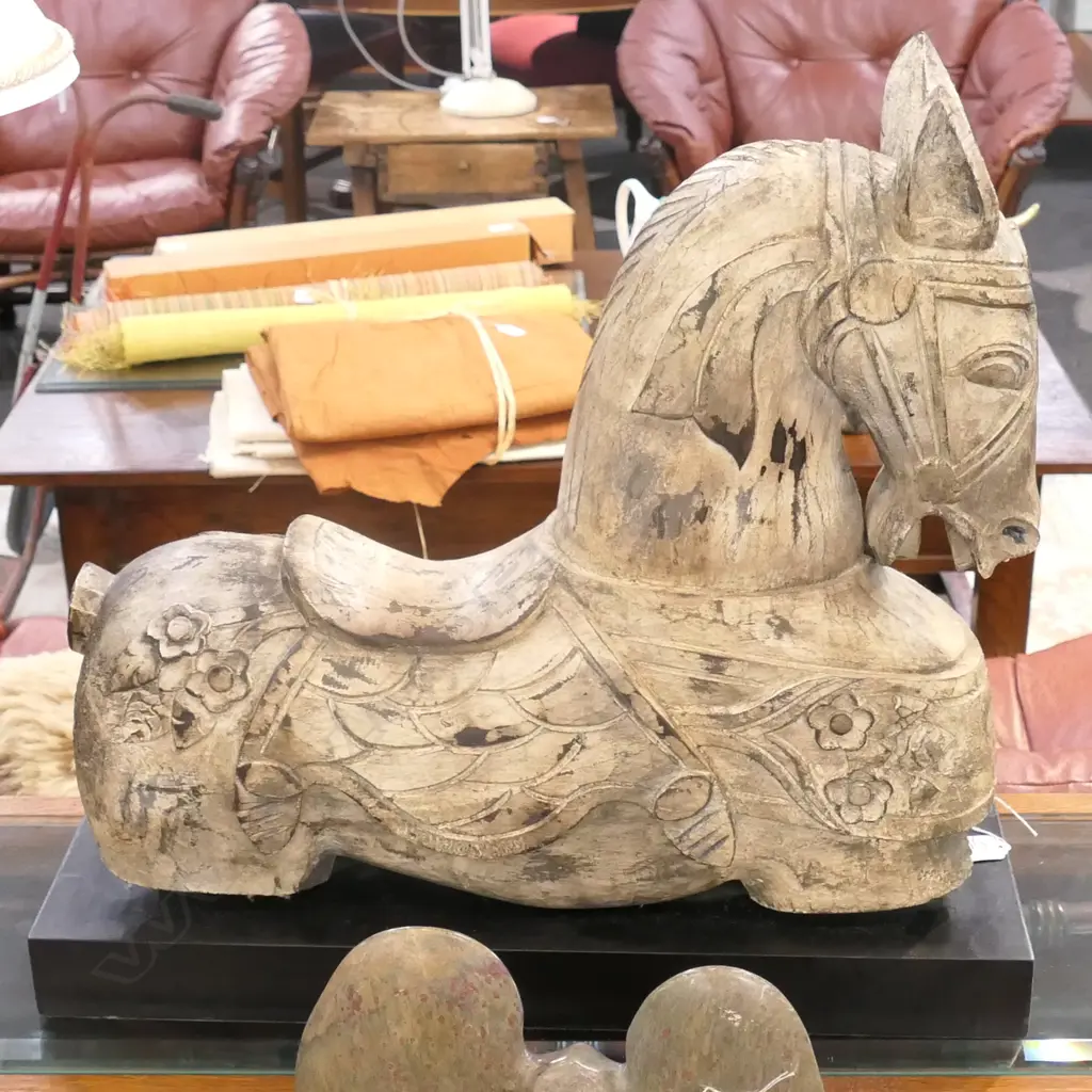 CARVED WOODEN HORSE ON STAND 540MM L 520MM H Image 1++
