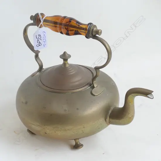 OLD BRASS KETTLE AMBER GLASS HANDLE